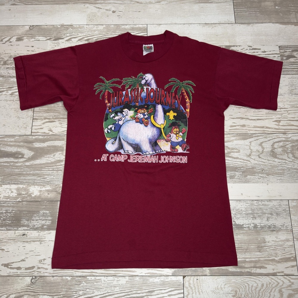 Vintage Fruit Of The Loom‎ Shirt Mens Medium Red Jurassic Journey Dino Camp Tee